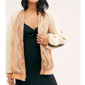Free People Wicked Games Faux Shearling Embroidered Bomber Jacket (Rare Style)